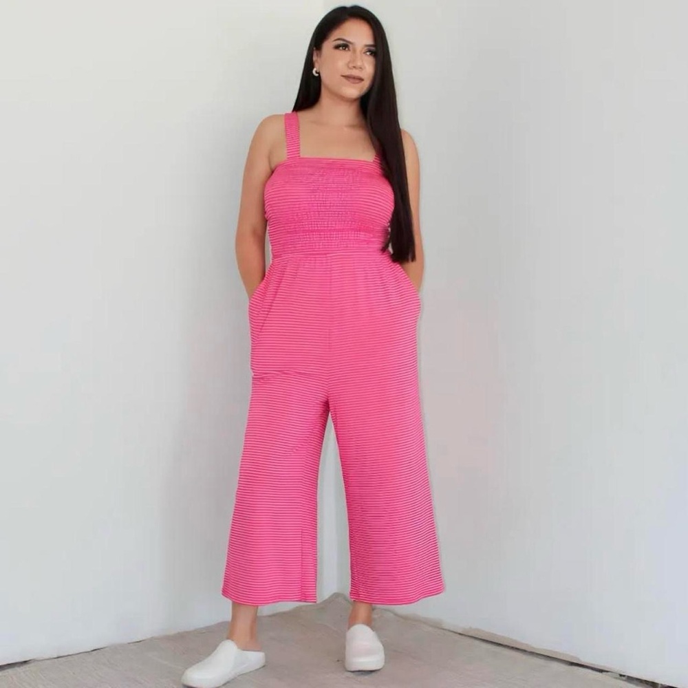 Chic Pink and White Striped Women's Jumpsuit